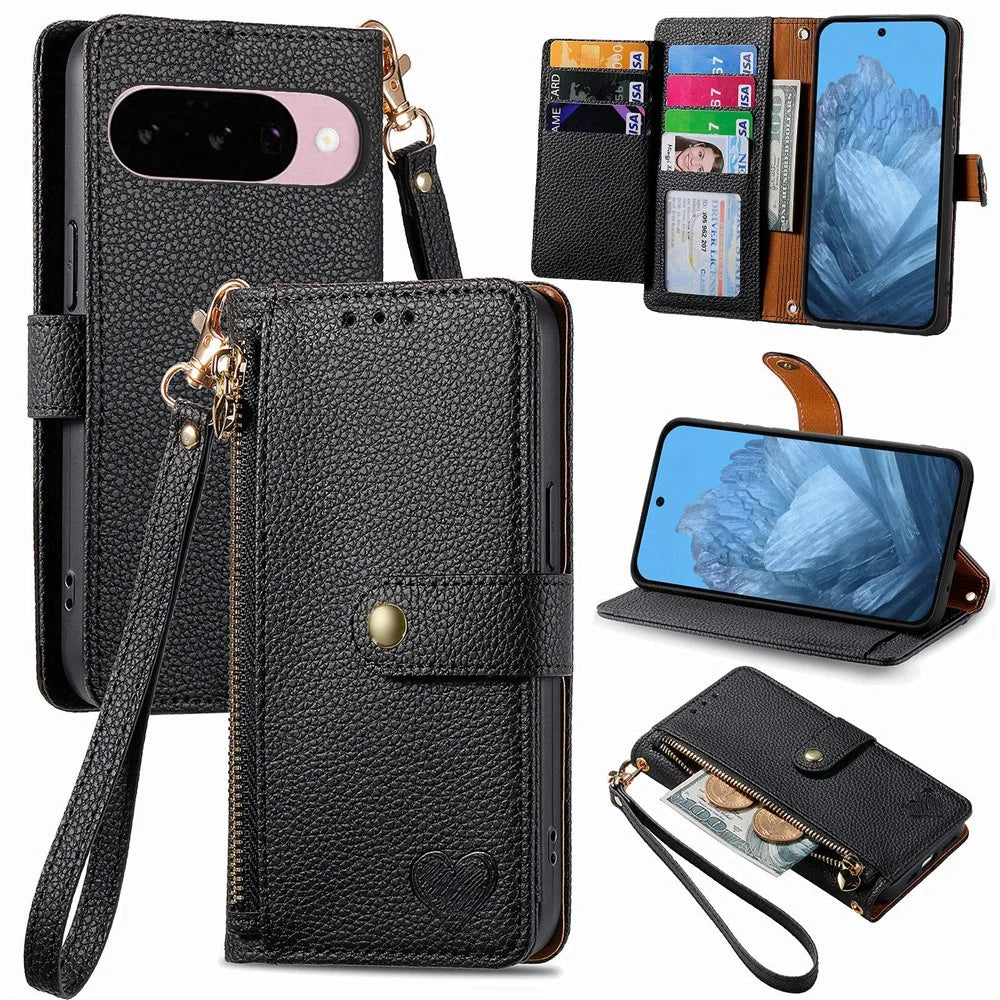 For Google Pixel 11 Pro  /  Pixel 11 Case RFID Blocking Zipper Pocket Leather Wallet Phone Cover with Strap - Black - 1