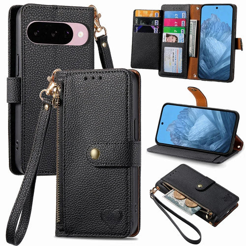 For Google Pixel 11 Pro  /  Pixel 11 Case RFID Blocking Zipper Pocket Leather Wallet Phone Cover with Strap - Black - 1