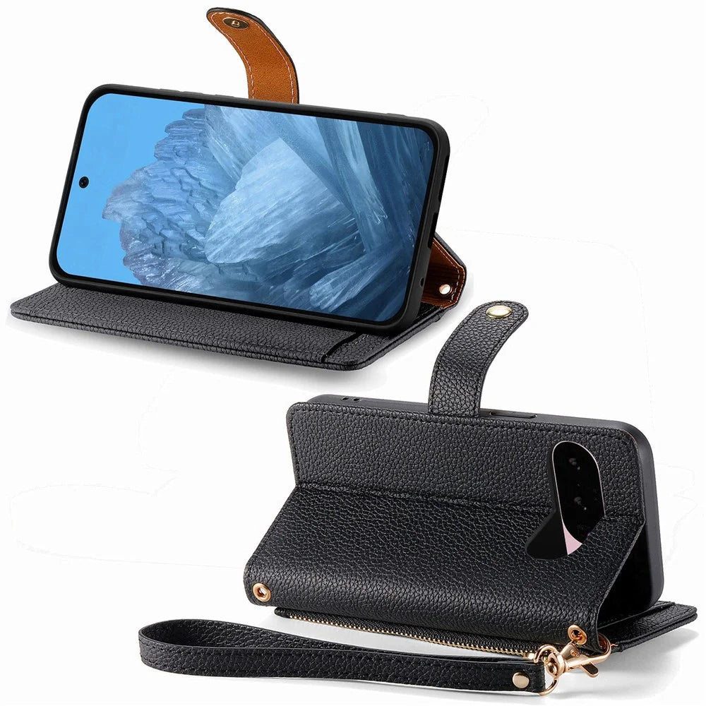 For Google Pixel 11 Pro  /  Pixel 11 Case RFID Blocking Zipper Pocket Leather Wallet Phone Cover with Strap - Black - 3