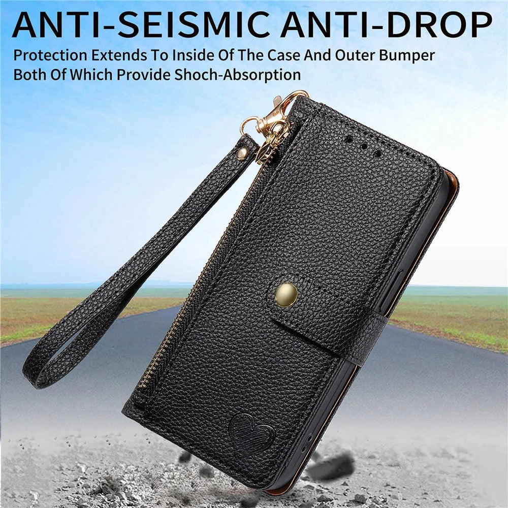 For Google Pixel 11 Pro  /  Pixel 11 Case RFID Blocking Zipper Pocket Leather Wallet Phone Cover with Strap - Black - 7