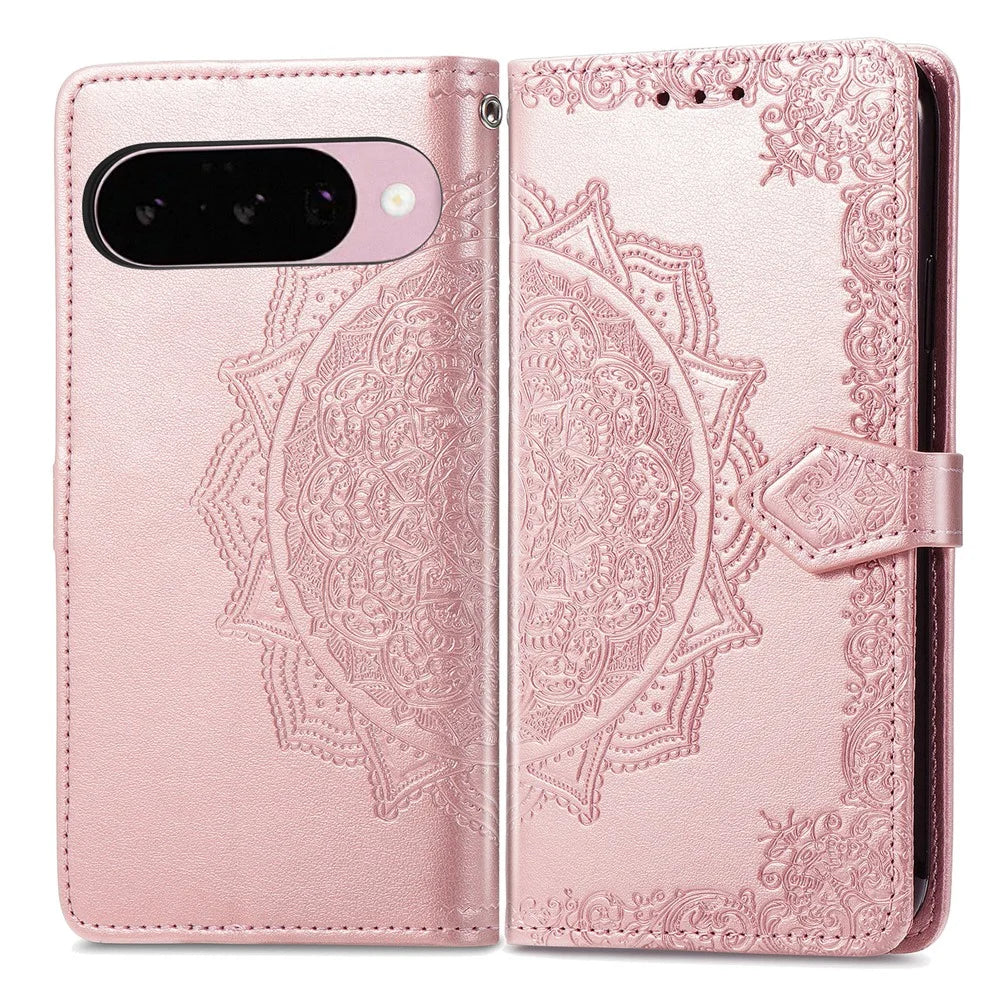 For Google Pixel 11 Pro  /  Pixel 11 Wallet Case Mandala Flower Leather Phone Cover Stand - Rose Gold - 1
