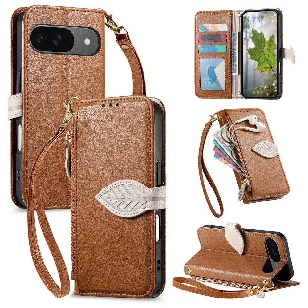 For Google Pixel 11 Pro  /  Pixel 11 Stand Case Leaf Shape Magnetic Clasp Leather Phone Cover with Hand Strap - Brown - 1