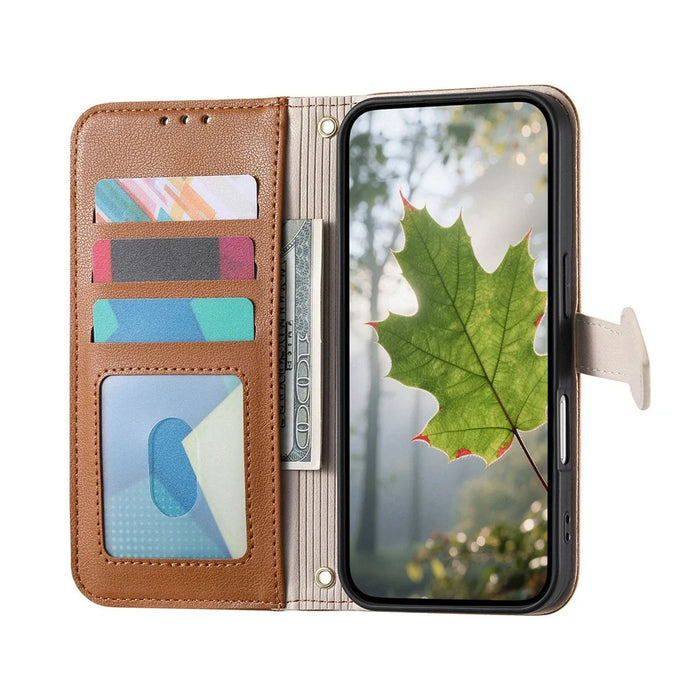 For Google Pixel 11 Pro  /  Pixel 11 Stand Case Leaf Shape Magnetic Clasp Leather Phone Cover with Hand Strap - Brown - 2