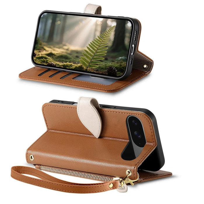For Google Pixel 11 Pro  /  Pixel 11 Stand Case Leaf Shape Magnetic Clasp Leather Phone Cover with Hand Strap - Brown - 3
