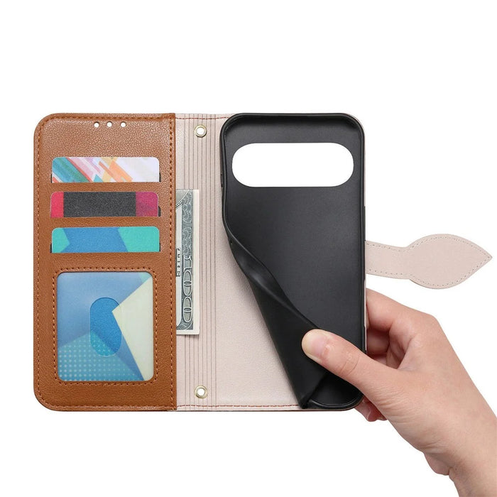 For Google Pixel 11 Pro  /  Pixel 11 Stand Case Leaf Shape Magnetic Clasp Leather Phone Cover with Hand Strap - Brown - 4
