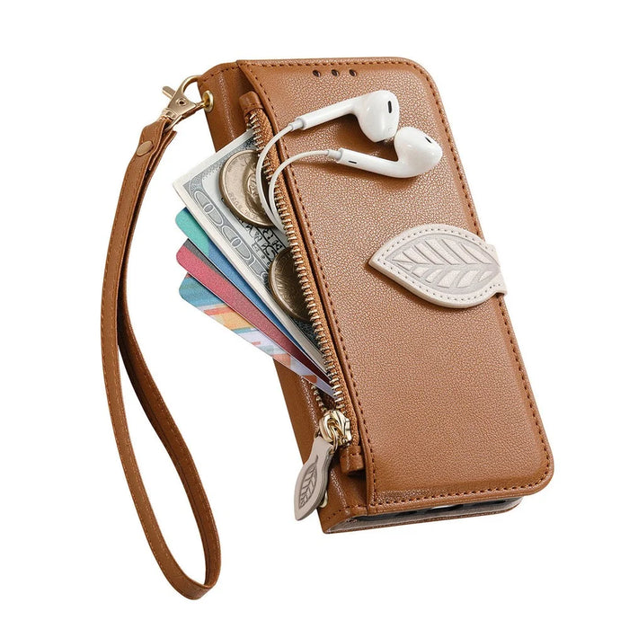 For Google Pixel 11 Pro  /  Pixel 11 Stand Case Leaf Shape Magnetic Clasp Leather Phone Cover with Hand Strap - Brown - 5