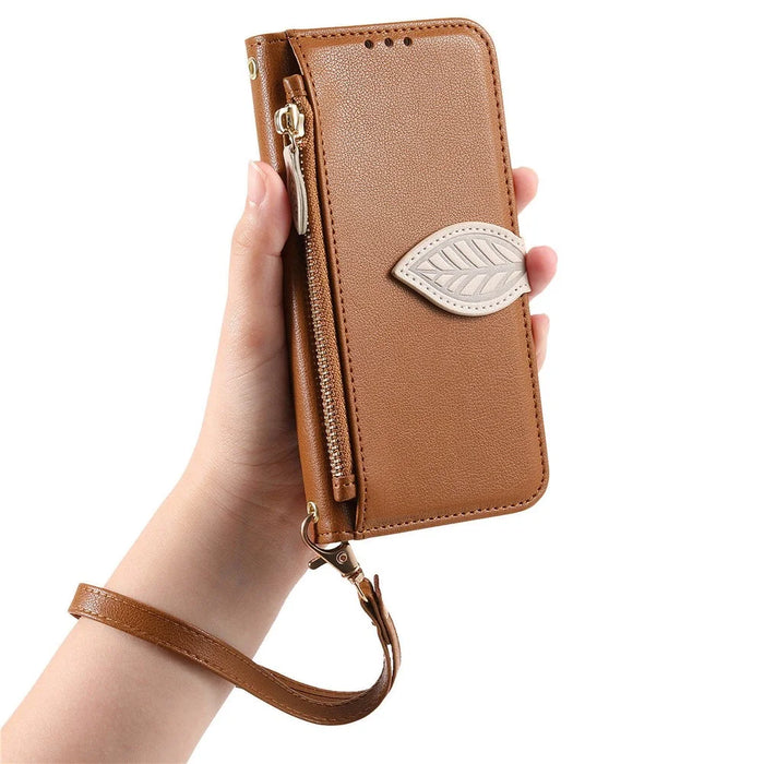 For Google Pixel 11 Pro  /  Pixel 11 Stand Case Leaf Shape Magnetic Clasp Leather Phone Cover with Hand Strap - Brown - 6
