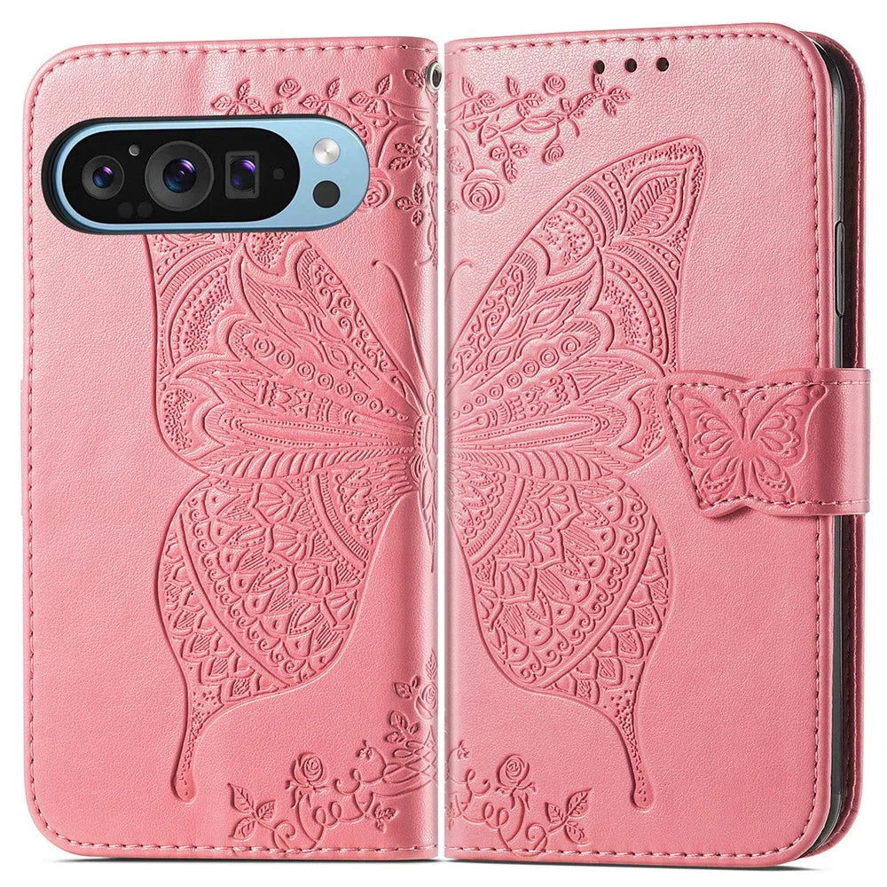 For Google Pixel 11 Pro  /  Pixel 11 Case with Strap Butterfly Pattern PU Leather Wallet Phone Cover - Pink - 1