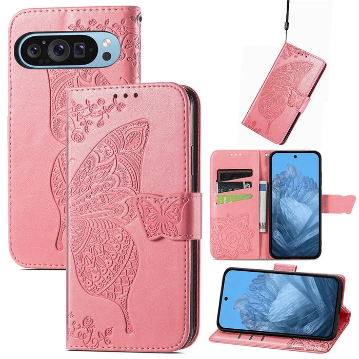 For Google Pixel 11 Pro  /  Pixel 11 Case with Strap Butterfly Pattern PU Leather Wallet Phone Cover - Pink - 7