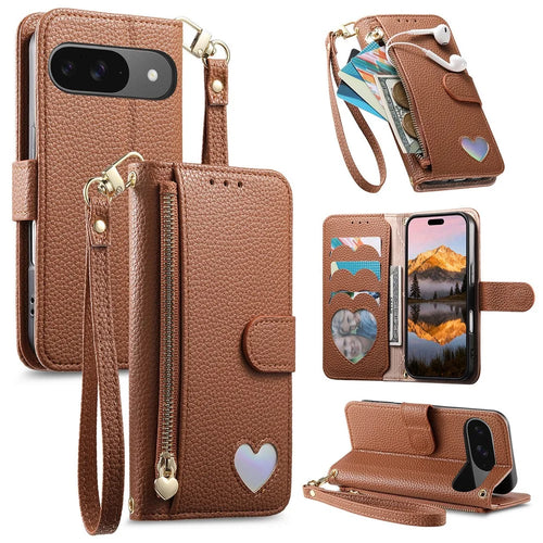 For Google Pixel 11 Pro  /  Pixel 11 Case Zipper Pocket TPU PU Leather Wallet Phone Cover with Strap - Brown - 1