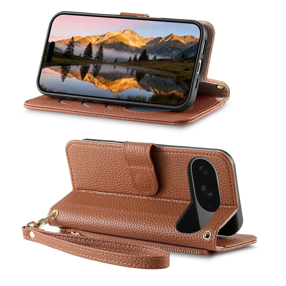 For Google Pixel 11 Pro  /  Pixel 11 Case Zipper Pocket TPU PU Leather Wallet Phone Cover with Strap - Brown - 2