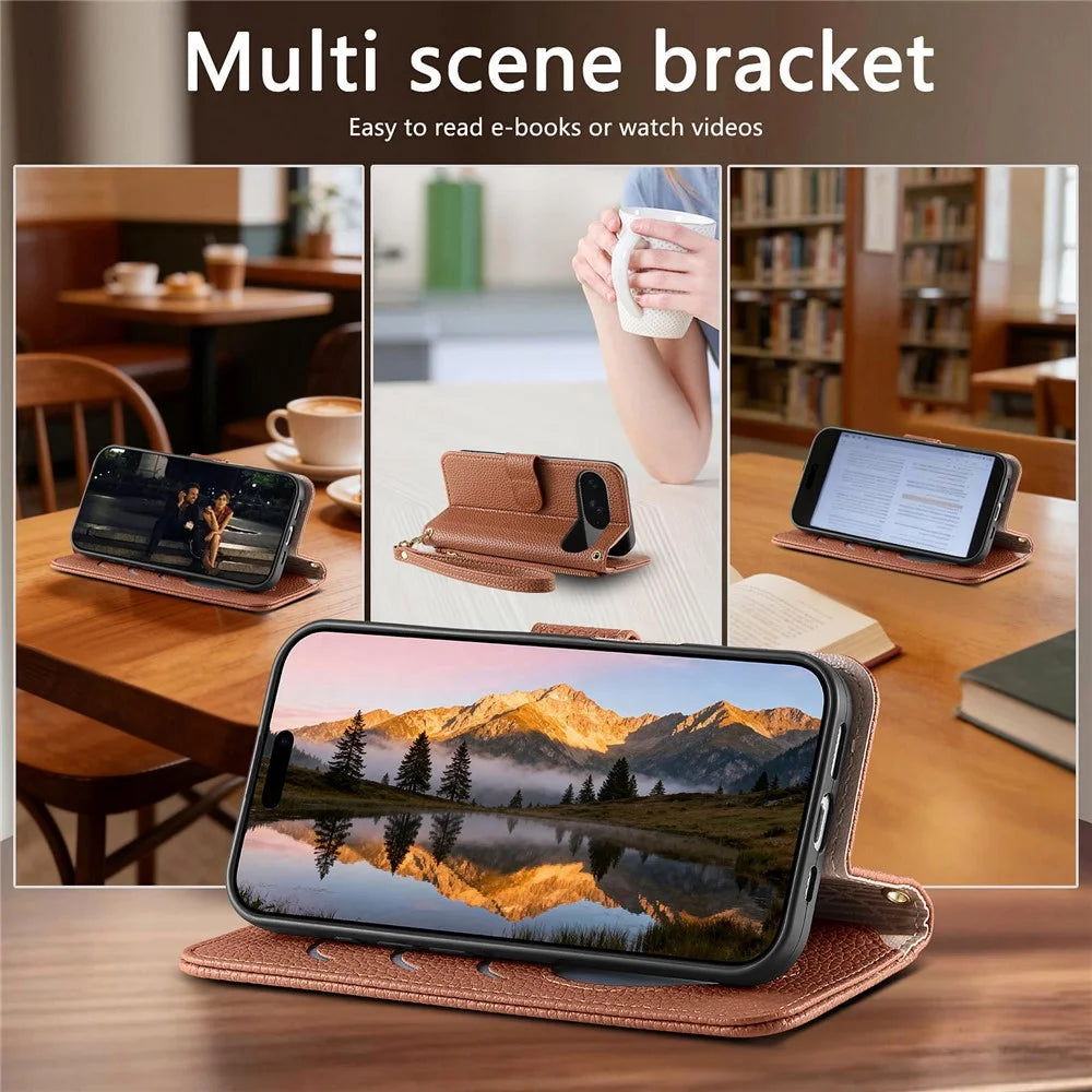 For Google Pixel 11 Pro  /  Pixel 11 Case Zipper Pocket TPU PU Leather Wallet Phone Cover with Strap - Brown - 6