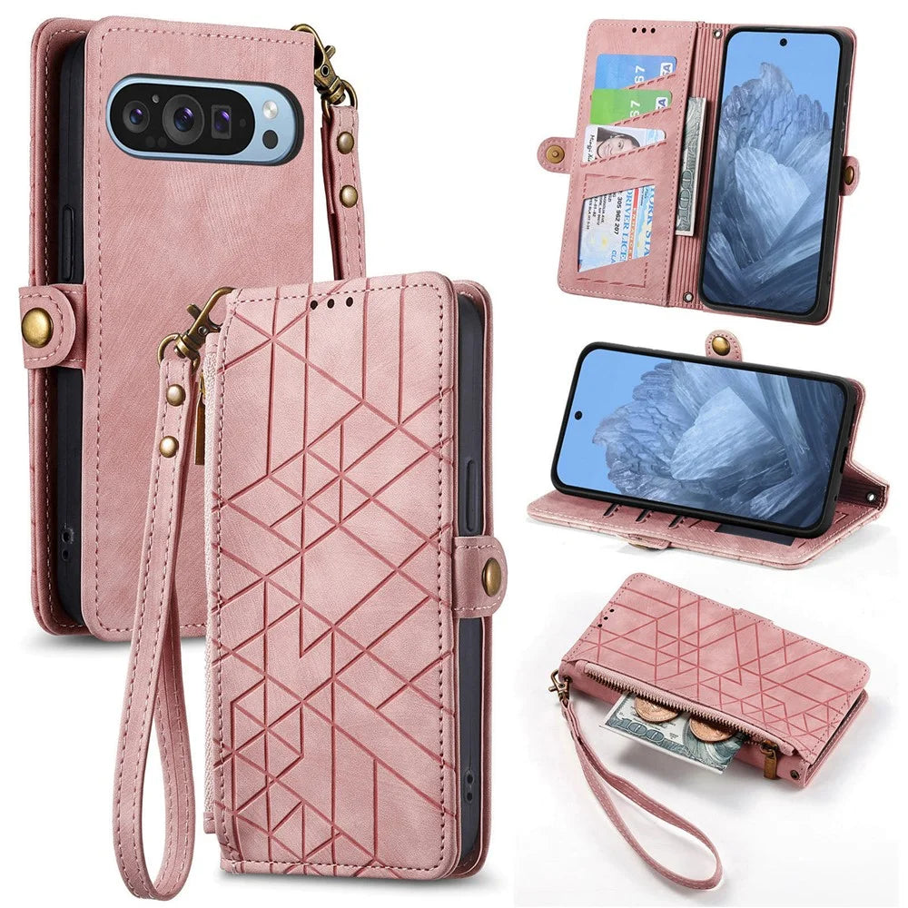 For Google Pixel 11 Pro  /  Pixel 11 Case Zipper Wallet Geometry Lines Leather Phone Cover with Strap - Pink - 1