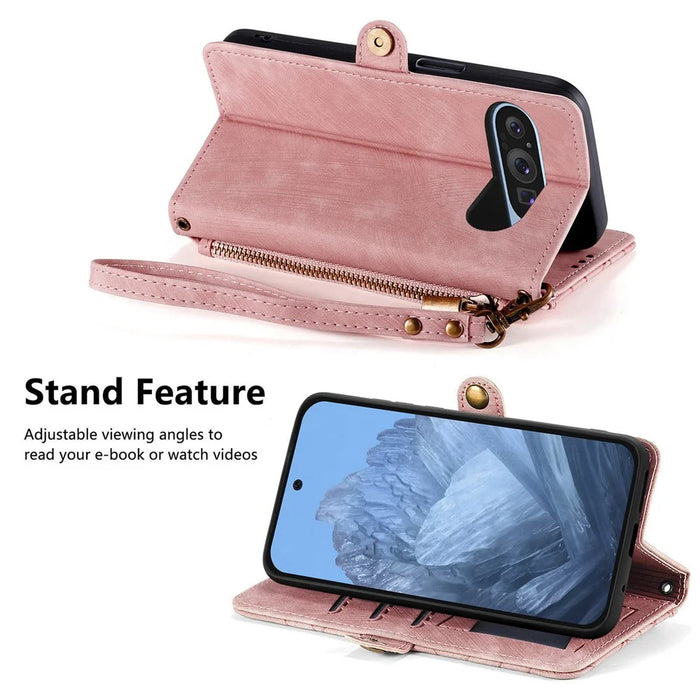 For Google Pixel 11 Pro  /  Pixel 11 Case Zipper Wallet Geometry Lines Leather Phone Cover with Strap - Pink - 3