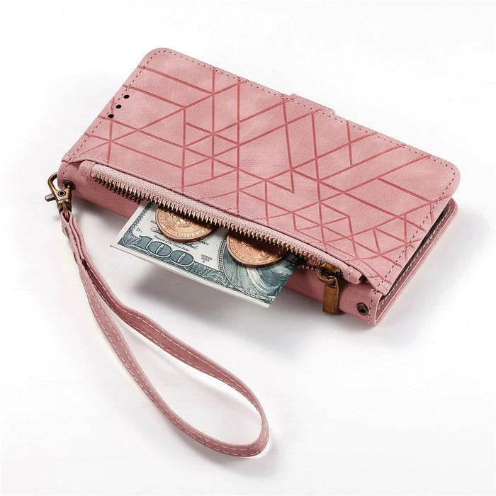 For Google Pixel 11 Pro  /  Pixel 11 Case Zipper Wallet Geometry Lines Leather Phone Cover with Strap - Pink - 4