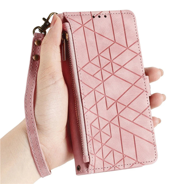 For Google Pixel 11 Pro  /  Pixel 11 Case Zipper Wallet Geometry Lines Leather Phone Cover with Strap - Pink - 5