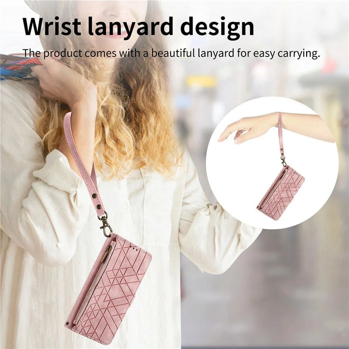 For Google Pixel 11 Pro  /  Pixel 11 Case Zipper Wallet Geometry Lines Leather Phone Cover with Strap - Pink - 7