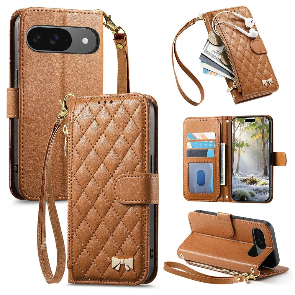 For Google Pixel 11 Pro  /  Pixel 11 Stand Case Imprint TPU PU Leather Zipper Pocket Wallet Phone Cover with Strap - Brown - 1