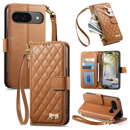For Google Pixel 11 Pro  /  Pixel 11 Stand Case Imprint TPU PU Leather Zipper Pocket Wallet Phone Cover with Strap - Brown - 1