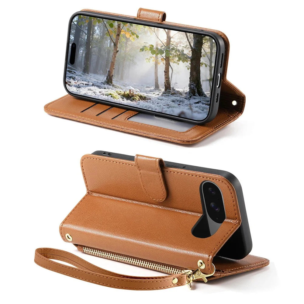 For Google Pixel 11 Pro  /  Pixel 11 Stand Case Imprint TPU PU Leather Zipper Pocket Wallet Phone Cover with Strap - Brown - 3