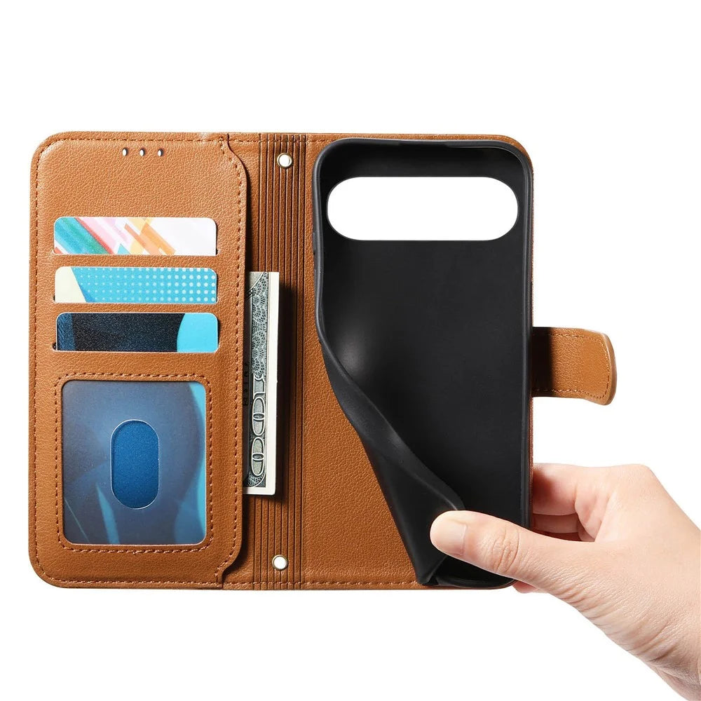 For Google Pixel 11 Pro  /  Pixel 11 Stand Case Imprint TPU PU Leather Zipper Pocket Wallet Phone Cover with Strap - Brown - 4