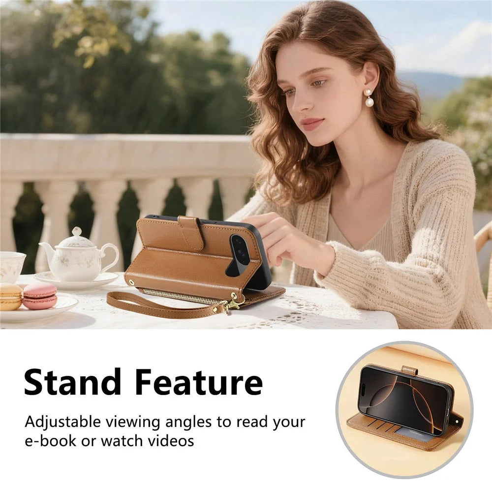 For Google Pixel 11 Pro  /  Pixel 11 Stand Case Imprint TPU PU Leather Zipper Pocket Wallet Phone Cover with Strap - Brown - 7