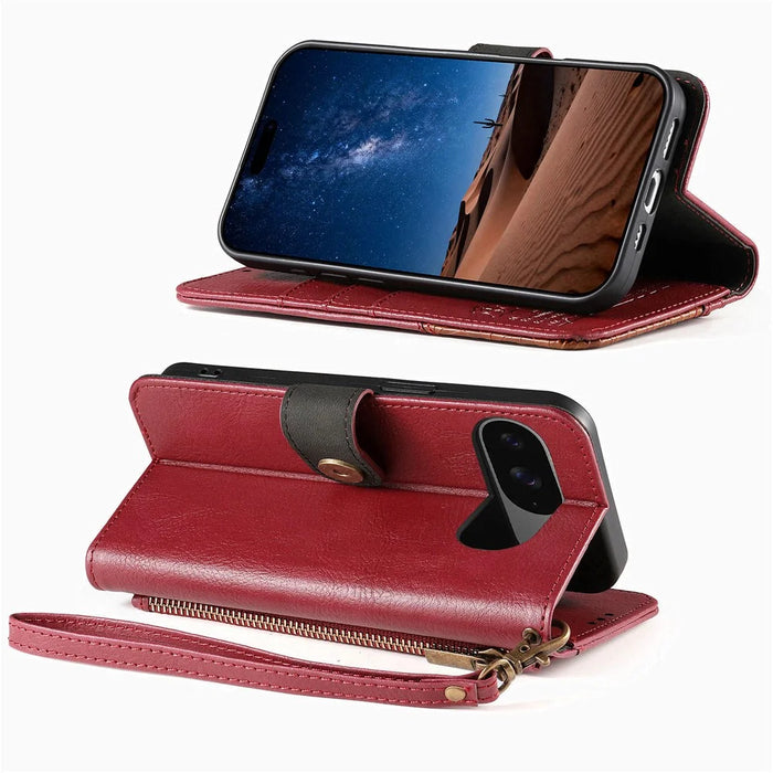 For Google Pixel 11 Pro  /  Pixel 11 Case Color Splicing TPU PU Leather Flip Shockproof Phone Cover with Wrist Strap - Red - 2