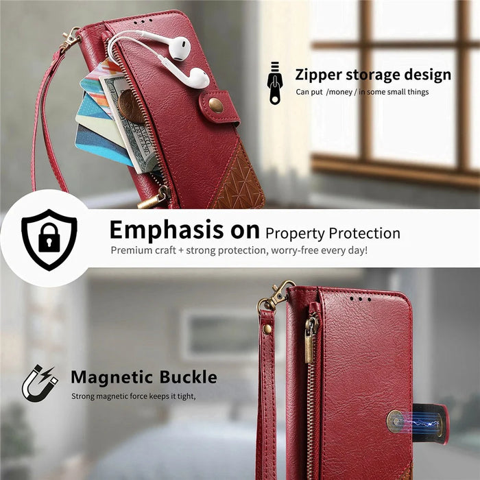 For Google Pixel 11 Pro  /  Pixel 11 Case Color Splicing TPU PU Leather Flip Shockproof Phone Cover with Wrist Strap - Red - 7