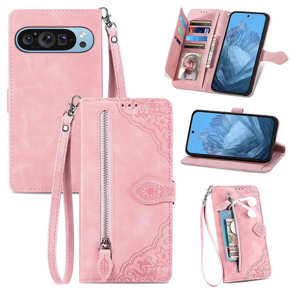For Google Pixel 11 Pro  /  Pixel 11 Zipper Wallet Case with Strap Flower Imprint PU Leather Phone Cover - Pink - 1