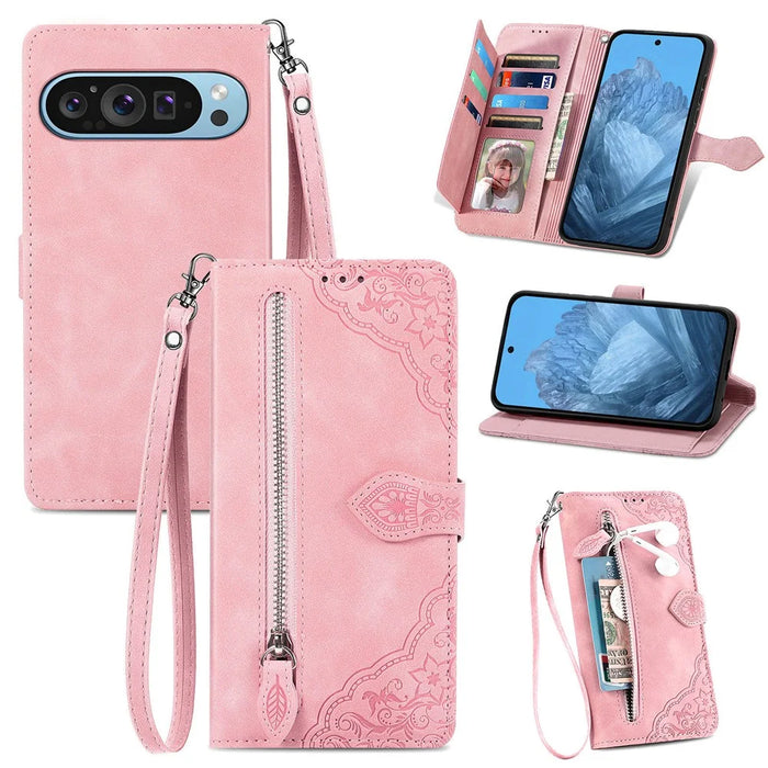 For Google Pixel 11 Pro  /  Pixel 11 Zipper Wallet Case with Strap Flower Imprint PU Leather Phone Cover - Pink - 1