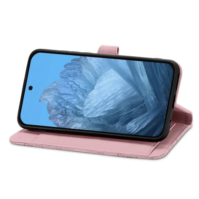 For Google Pixel 11 Pro  /  Pixel 11 Zipper Wallet Case with Strap Flower Imprint PU Leather Phone Cover - Pink - 3