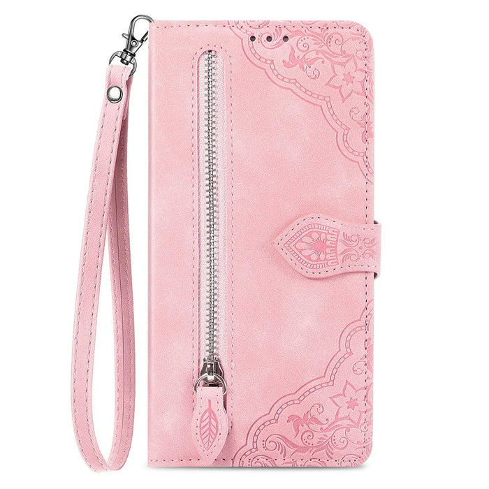 For Google Pixel 11 Pro  /  Pixel 11 Zipper Wallet Case with Strap Flower Imprint PU Leather Phone Cover - Pink - 5