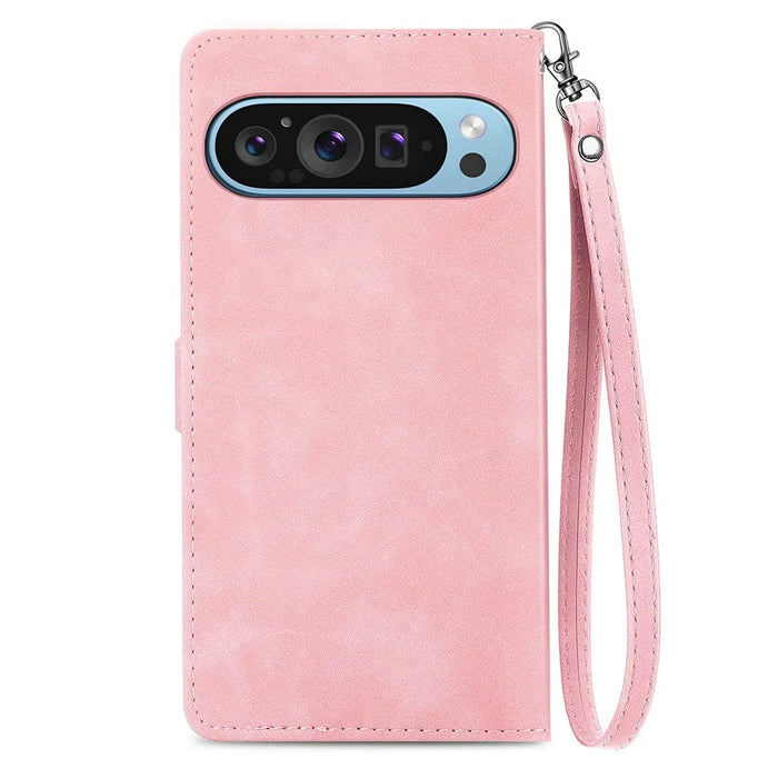 For Google Pixel 11 Pro  /  Pixel 11 Zipper Wallet Case with Strap Flower Imprint PU Leather Phone Cover - Pink - 6