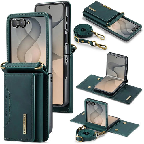 DG.MING M2 Series for Samsung Galaxy Z Flip8 Case PU + PC Phone Cover with Detachable Card Bag  /  Should Strap - Green - 1