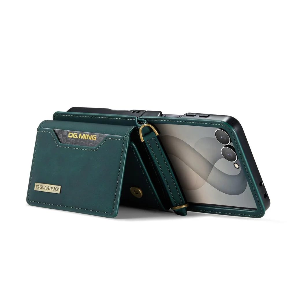 DG.MING M2 Series for Samsung Galaxy Z Flip8 Case PU + PC Phone Cover with Detachable Card Bag  /  Should Strap - Green - 2
