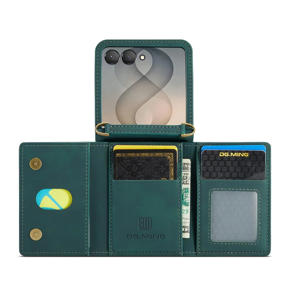 DG.MING M2 Series for Samsung Galaxy Z Flip8 Case PU + PC Phone Cover with Detachable Card Bag  /  Should Strap - Green - 3