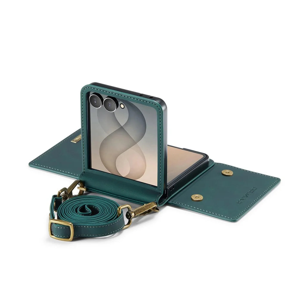 DG.MING M2 Series for Samsung Galaxy Z Flip8 Case PU + PC Phone Cover with Detachable Card Bag  /  Should Strap - Green - 5