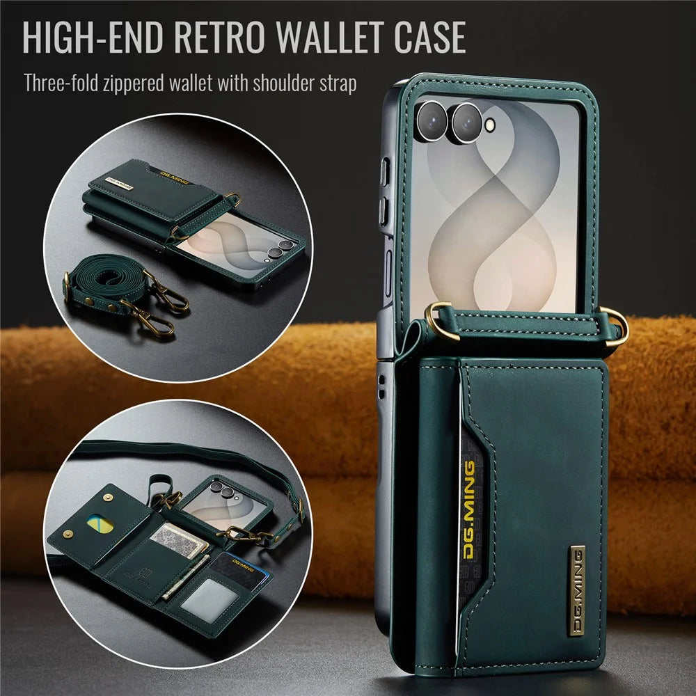 DG.MING M2 Series for Samsung Galaxy Z Flip8 Case PU + PC Phone Cover with Detachable Card Bag  /  Should Strap - Green - 6