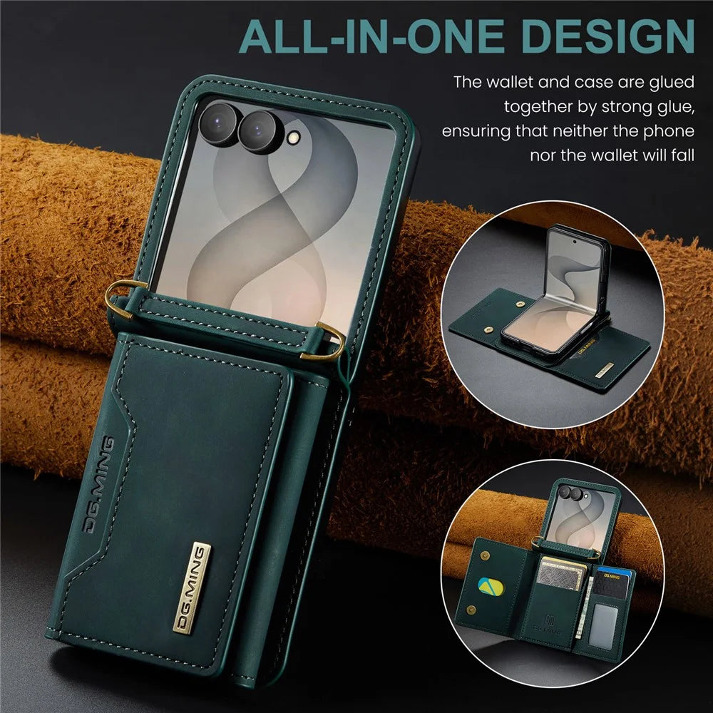 DG.MING M2 Series for Samsung Galaxy Z Flip8 Case PU + PC Phone Cover with Detachable Card Bag  /  Should Strap - Green - 7