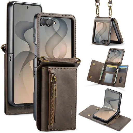 DG.MING M5 Series for Samsung Galaxy Z Flip8 Case RFID Blocking Card Slots Leather + PC Phone Cover - Brown - 1