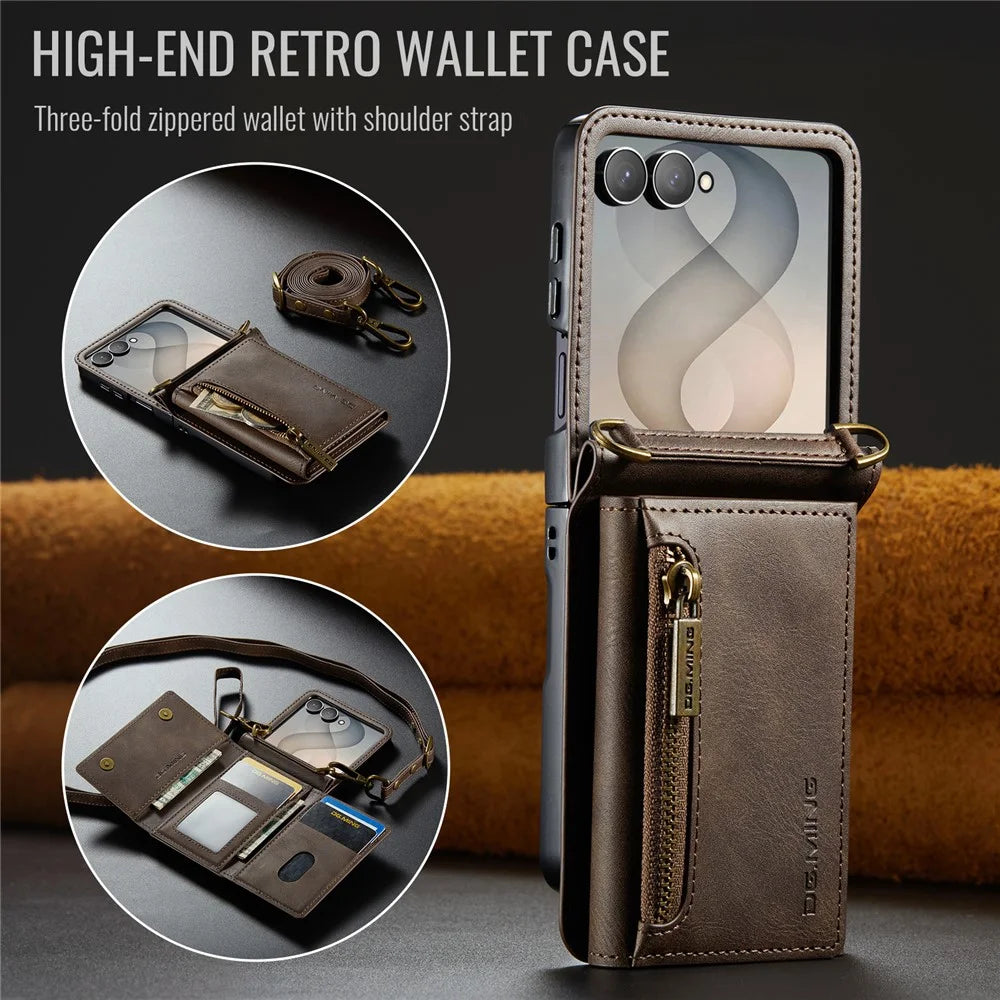 DG.MING M5 Series for Samsung Galaxy Z Flip8 Case RFID Blocking Card Slots Leather + PC Phone Cover - Brown - 6