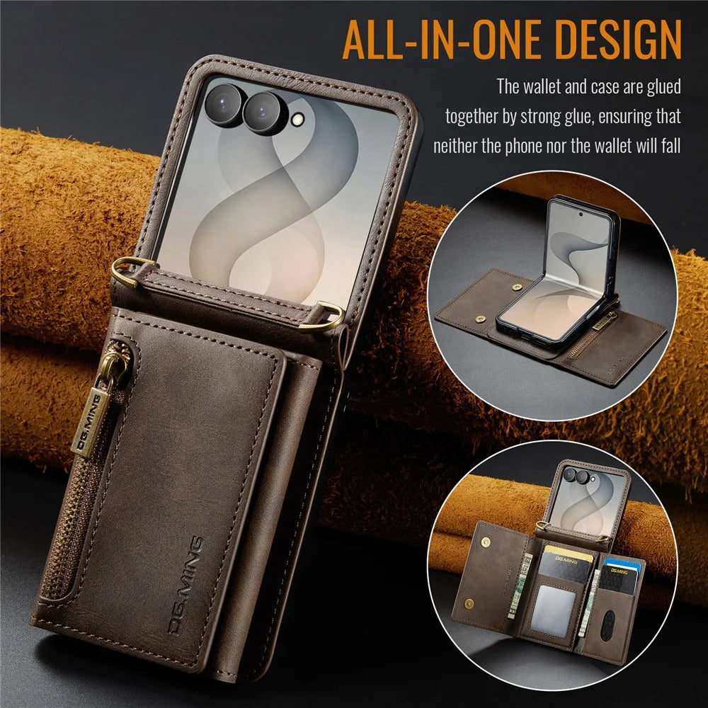 DG.MING M5 Series for Samsung Galaxy Z Flip8 Case RFID Blocking Card Slots Leather + PC Phone Cover - Brown - 7