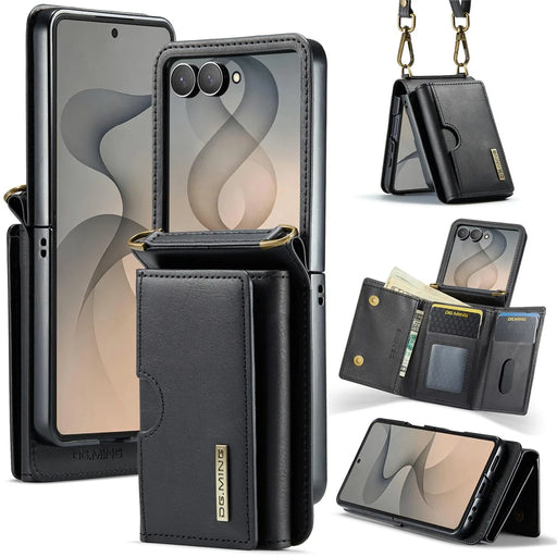 DG.MING M6 Series For Samsung Galaxy Z Flip8 Foldable Case PU + PC Phone Cover with Wallet   /   Shoulder Strap - Black - 1