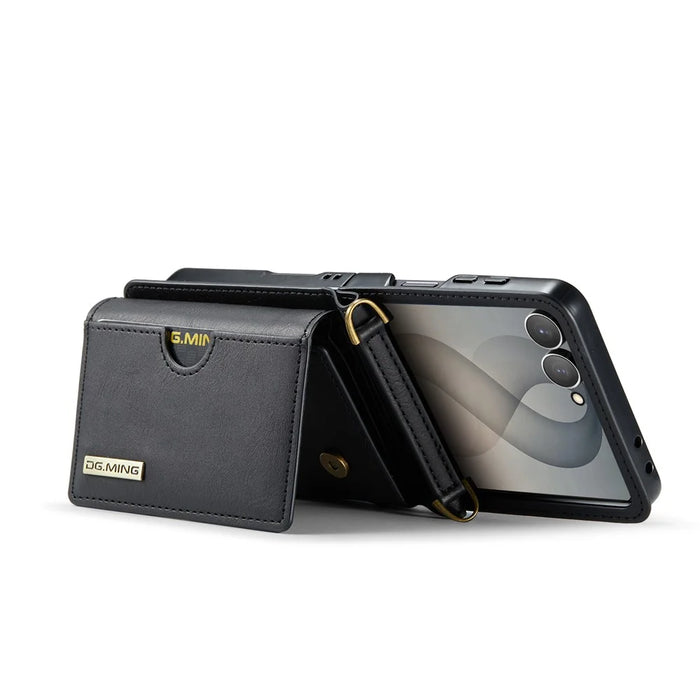 DG.MING M6 Series For Samsung Galaxy Z Flip8 Foldable Case PU + PC Phone Cover with Wallet   /   Shoulder Strap - Black - 2