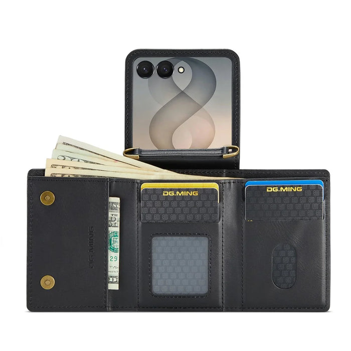 DG.MING M6 Series For Samsung Galaxy Z Flip8 Foldable Case PU + PC Phone Cover with Wallet   /   Shoulder Strap - Black - 3
