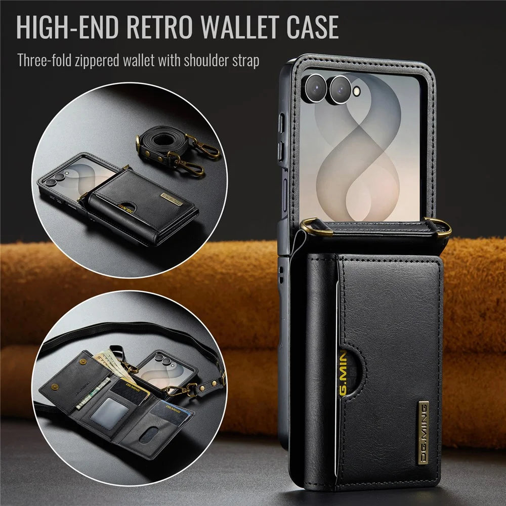 DG.MING M6 Series For Samsung Galaxy Z Flip8 Foldable Case PU + PC Phone Cover with Wallet   /   Shoulder Strap - Black - 6