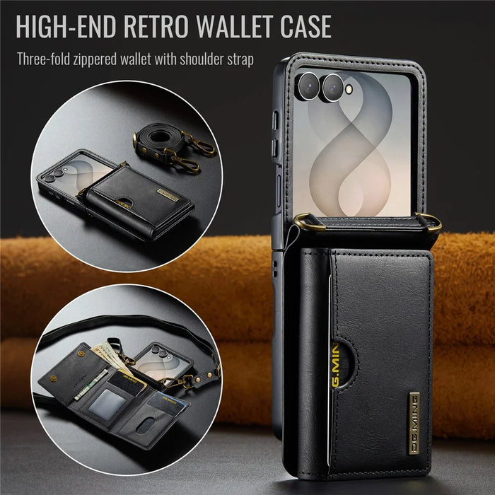 DG.MING M6 Series For Samsung Galaxy Z Flip8 Foldable Case PU + PC Phone Cover with Wallet   /   Shoulder Strap - Black - 6