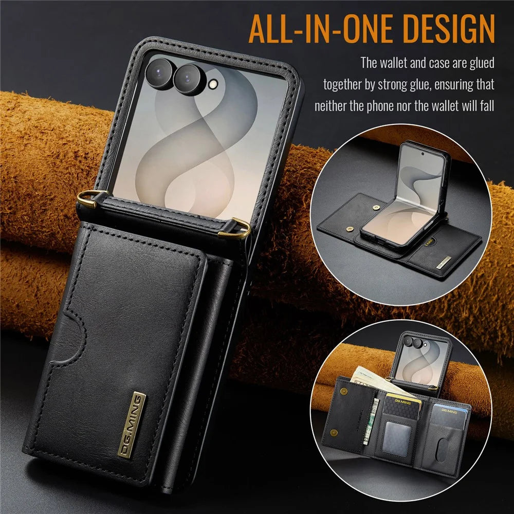 DG.MING M6 Series For Samsung Galaxy Z Flip8 Foldable Case PU + PC Phone Cover with Wallet   /   Shoulder Strap - Black - 7