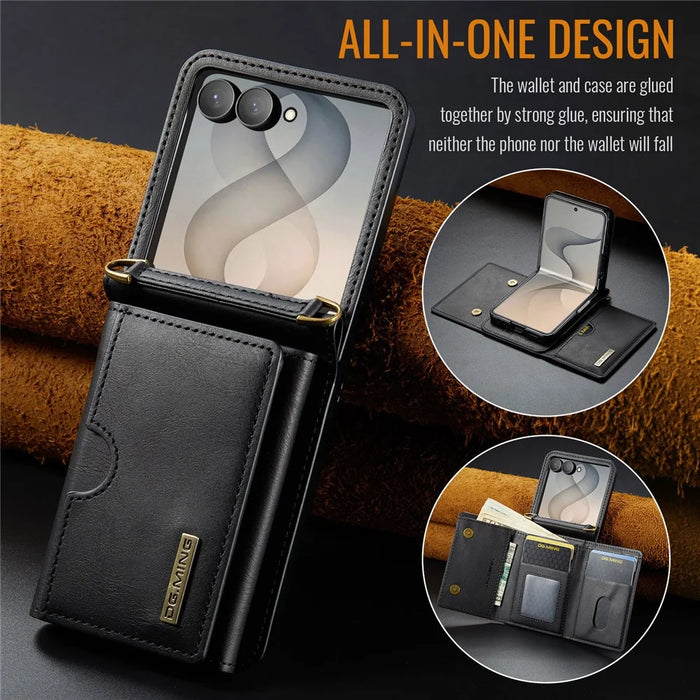 DG.MING M6 Series For Samsung Galaxy Z Flip8 Foldable Case PU + PC Phone Cover with Wallet   /   Shoulder Strap - Black - 7