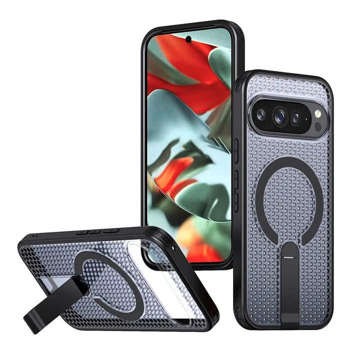 For Google Pixel 11 Pro XL Magnetic Case Kickstand Grid Texture TPU PC Phone Back Cover - Black - 1